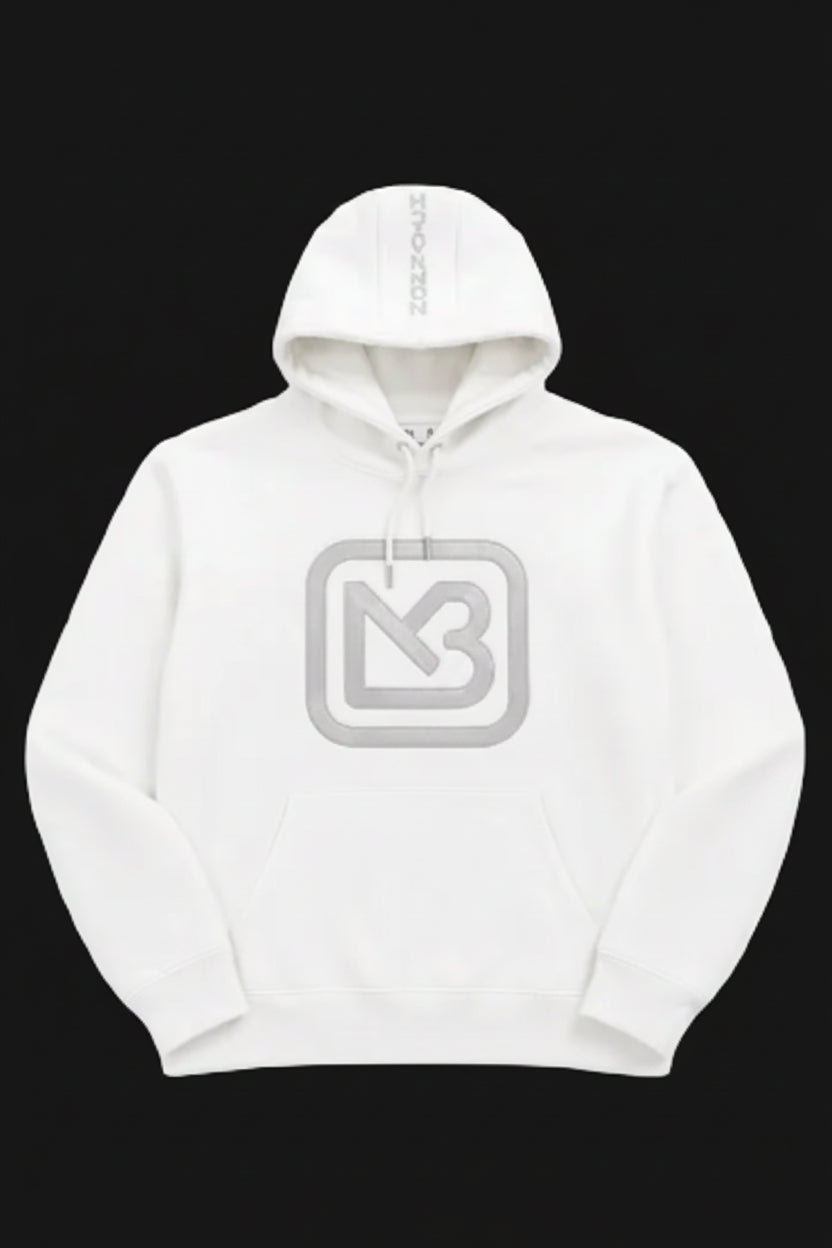 A white pullover hoodie with a large gray graphic logo on the chest and a vertical gray logo printed on the inside of the hood, displayed against a plain white background.