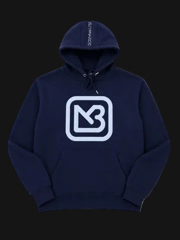 A navy blue pullover hoodie with a large white outlined 'MB' logo on the chest and a vertical 'MB' logo on the inside of the hood, displayed on a clean white background.