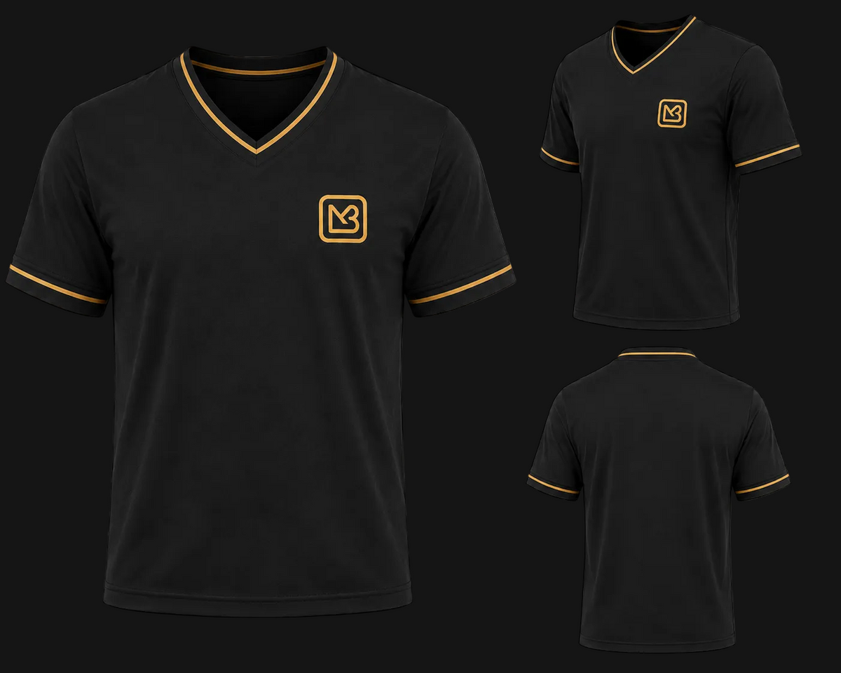 Black t-shirt with gold trim and logo on a white background