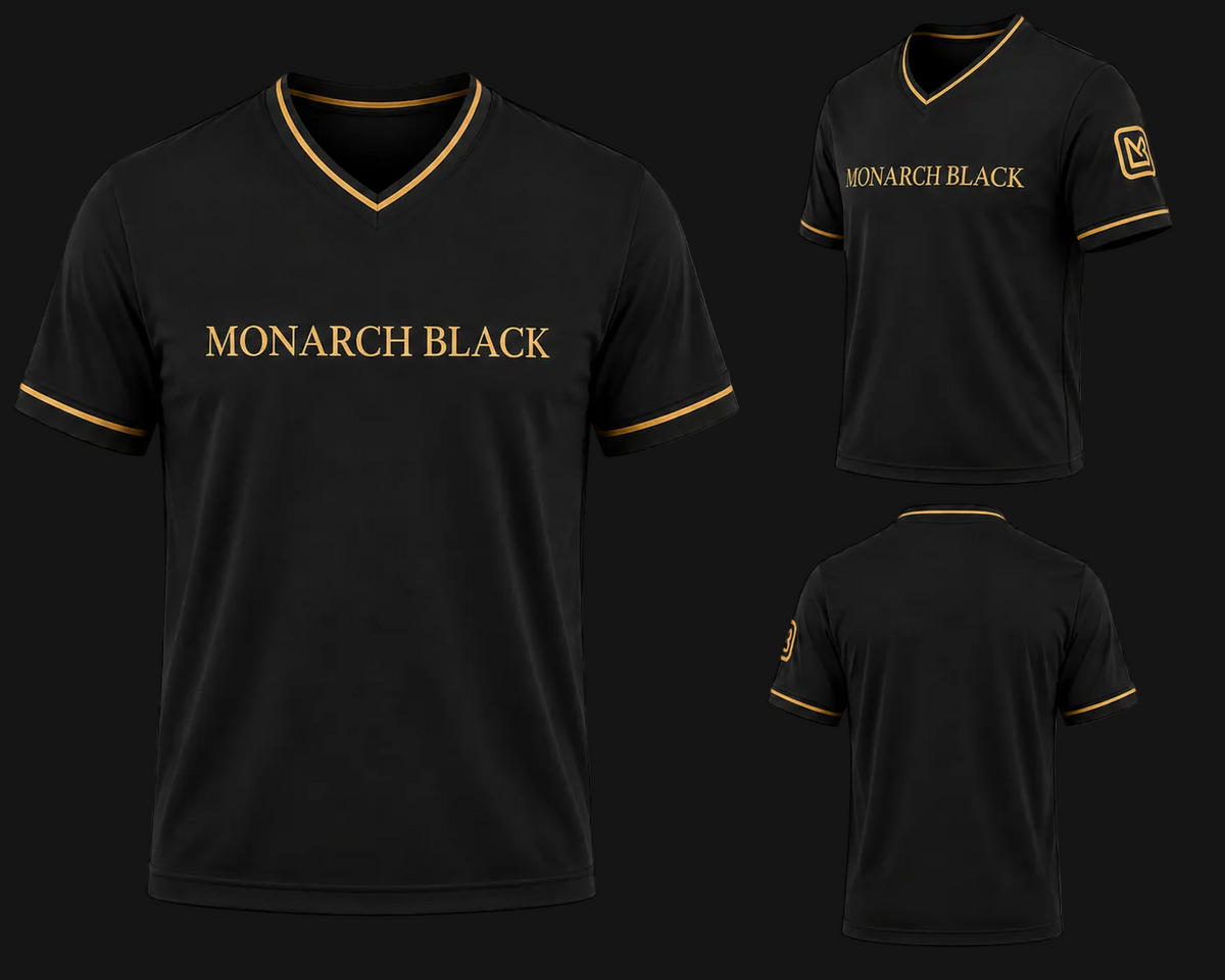 Black t-shirt with 'Monarch Black' text on a white background