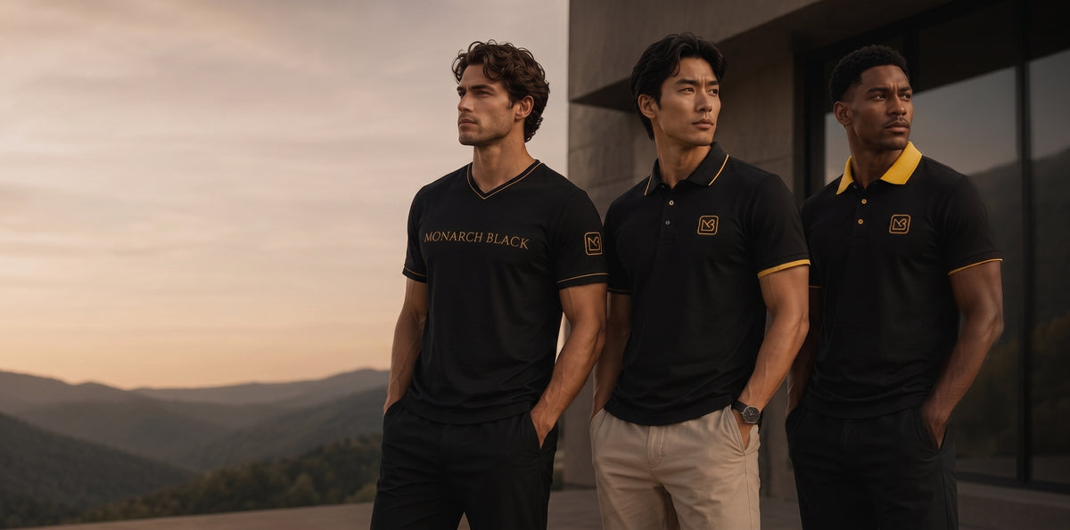 Three men wearing Monarch Black Legacy polos with signature gold-tipped collars