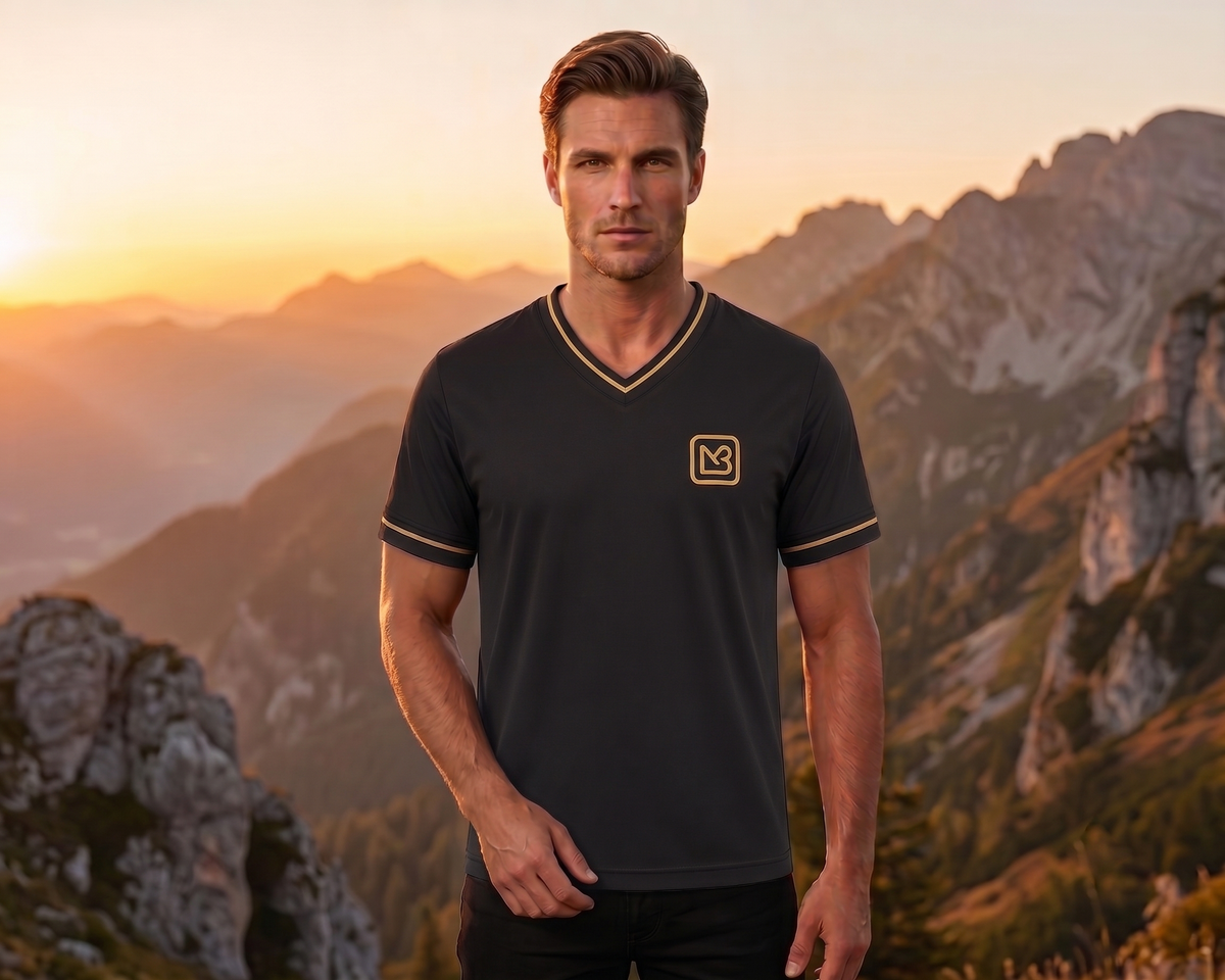 A man wearing a dark charcoal gray v-neck t-shirt with gold trim and a gold chest logo, standing against a scenic mountain backdrop at sunset.