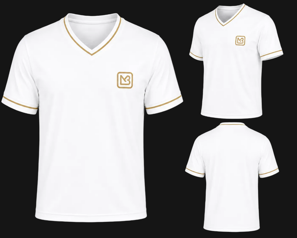 White short-sleeve V-neck athletic shirt shown from front, right, and back angles. Features a gold outlined square 'M' logo on the left chest and gold piping along the collar and sleeve cuffs.